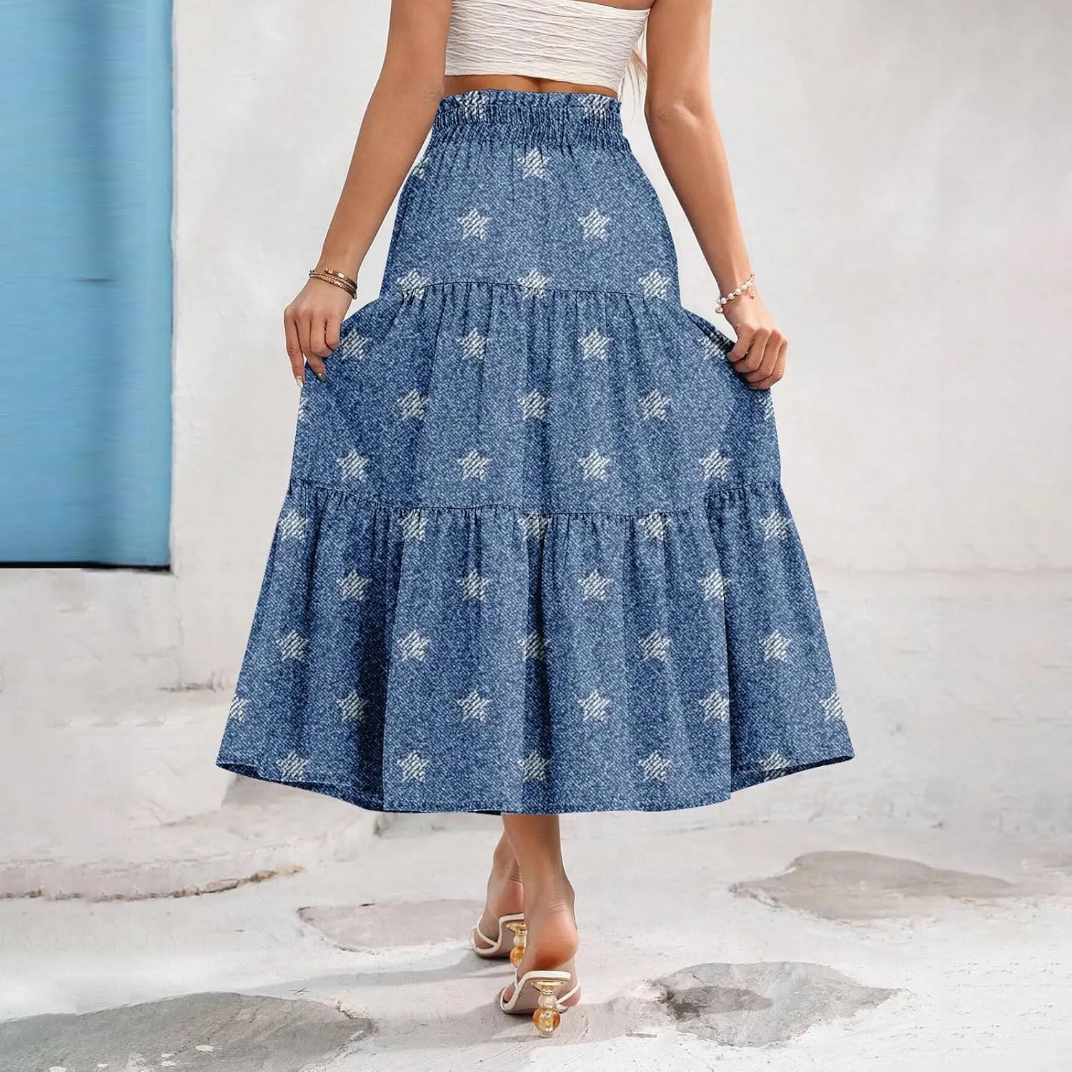 Long Skirts for Women Trendy Drawstring High Waisted Tiered Ruffle Midi Skirts Casual Summer Vacation Beach Skirt