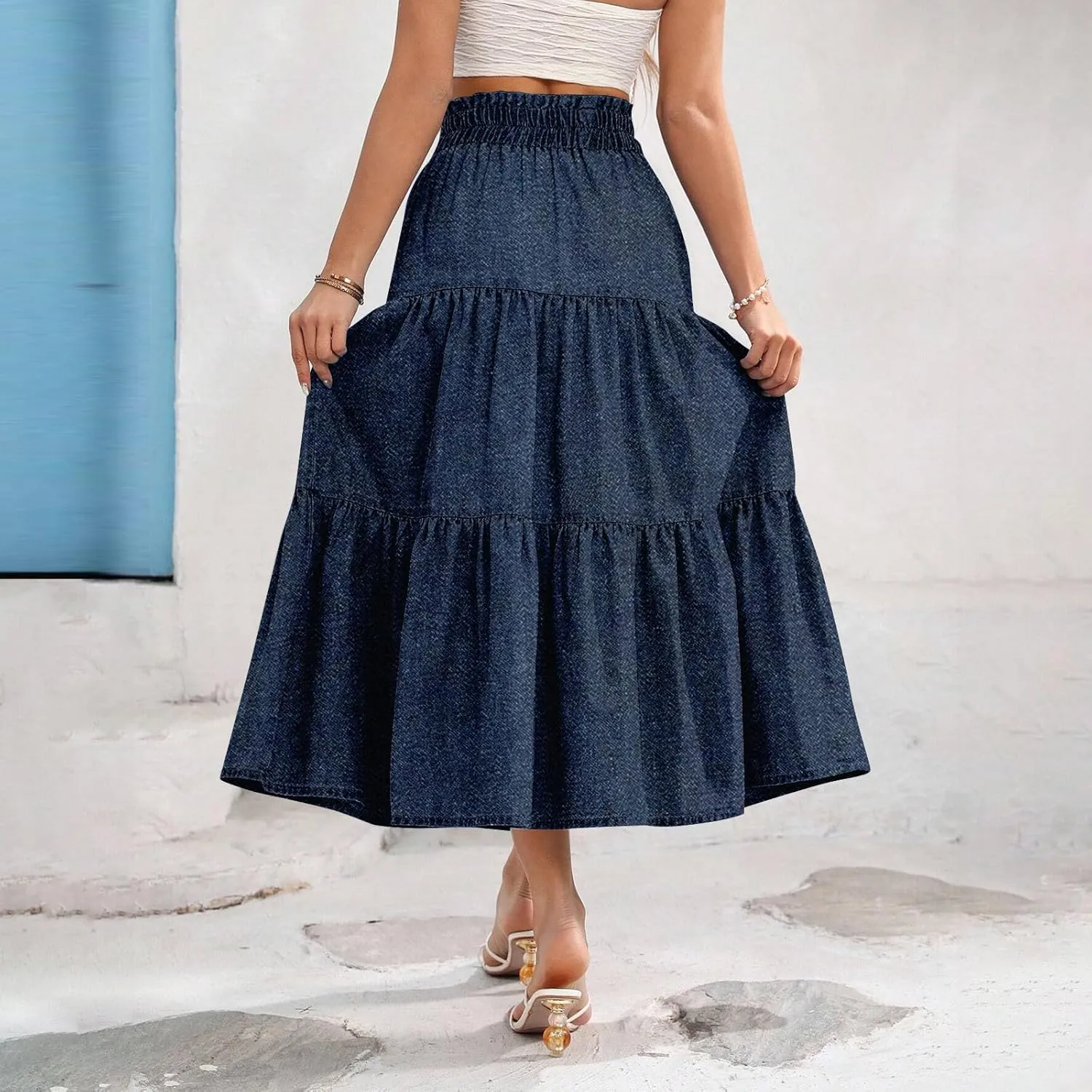 Long Skirts for Women Trendy Drawstring High Waisted Tiered Ruffle Midi Skirts Casual Summer Vacation Beach Skirt
