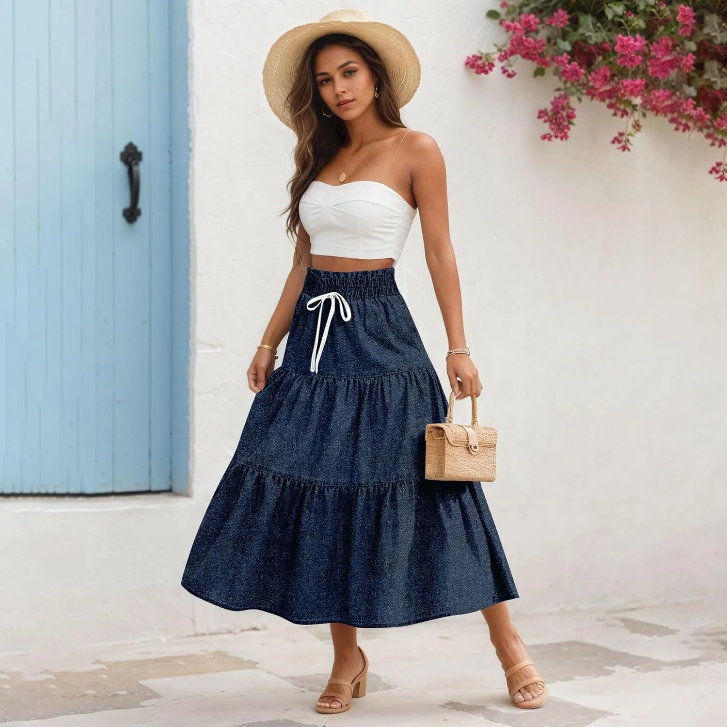 Long Skirts for Women Trendy Drawstring High Waisted Tiered Ruffle Midi Skirts Casual Summer Vacation Beach Skirt