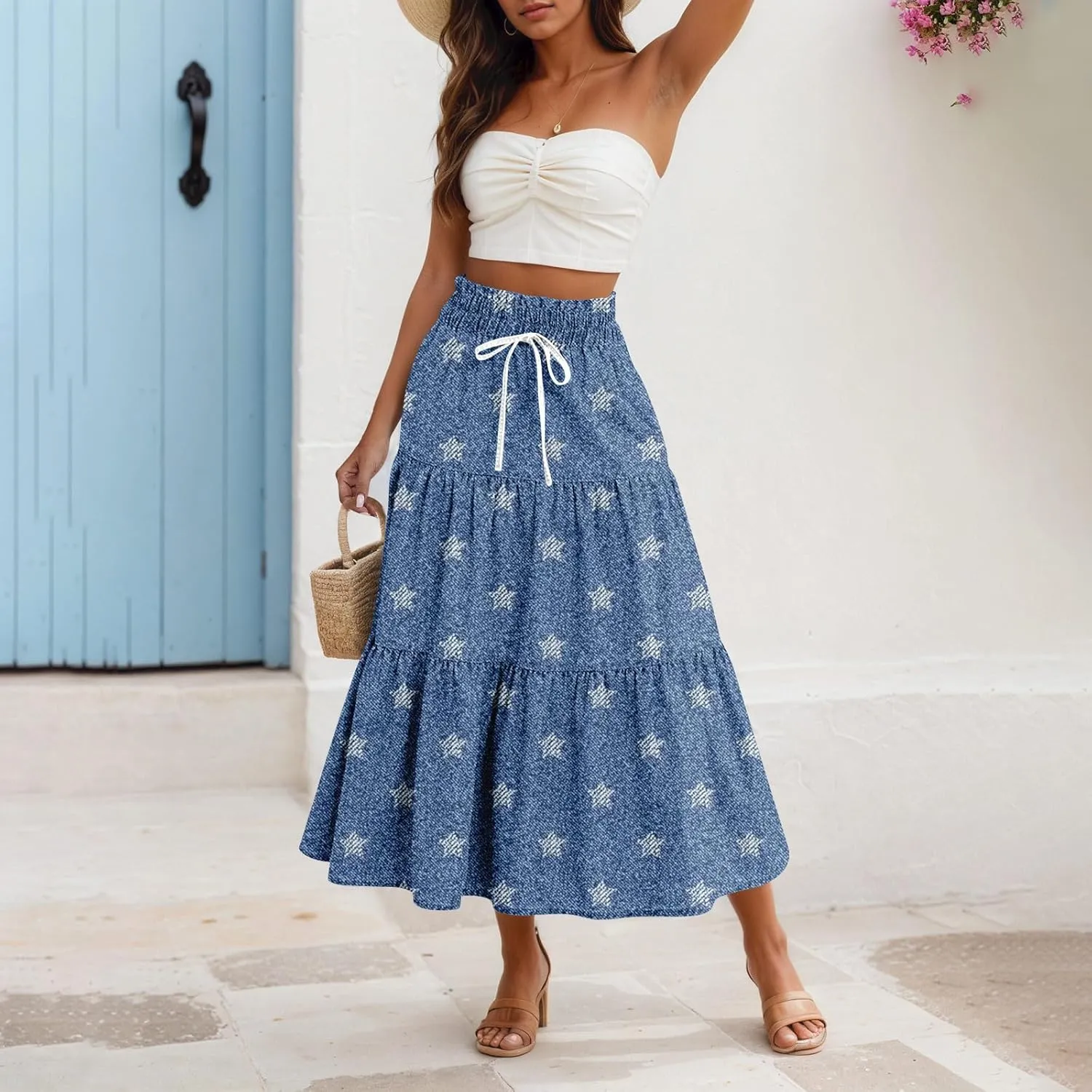 Long Skirts for Women Trendy Drawstring High Waisted Tiered Ruffle Midi Skirts Casual Summer Vacation Beach Skirt