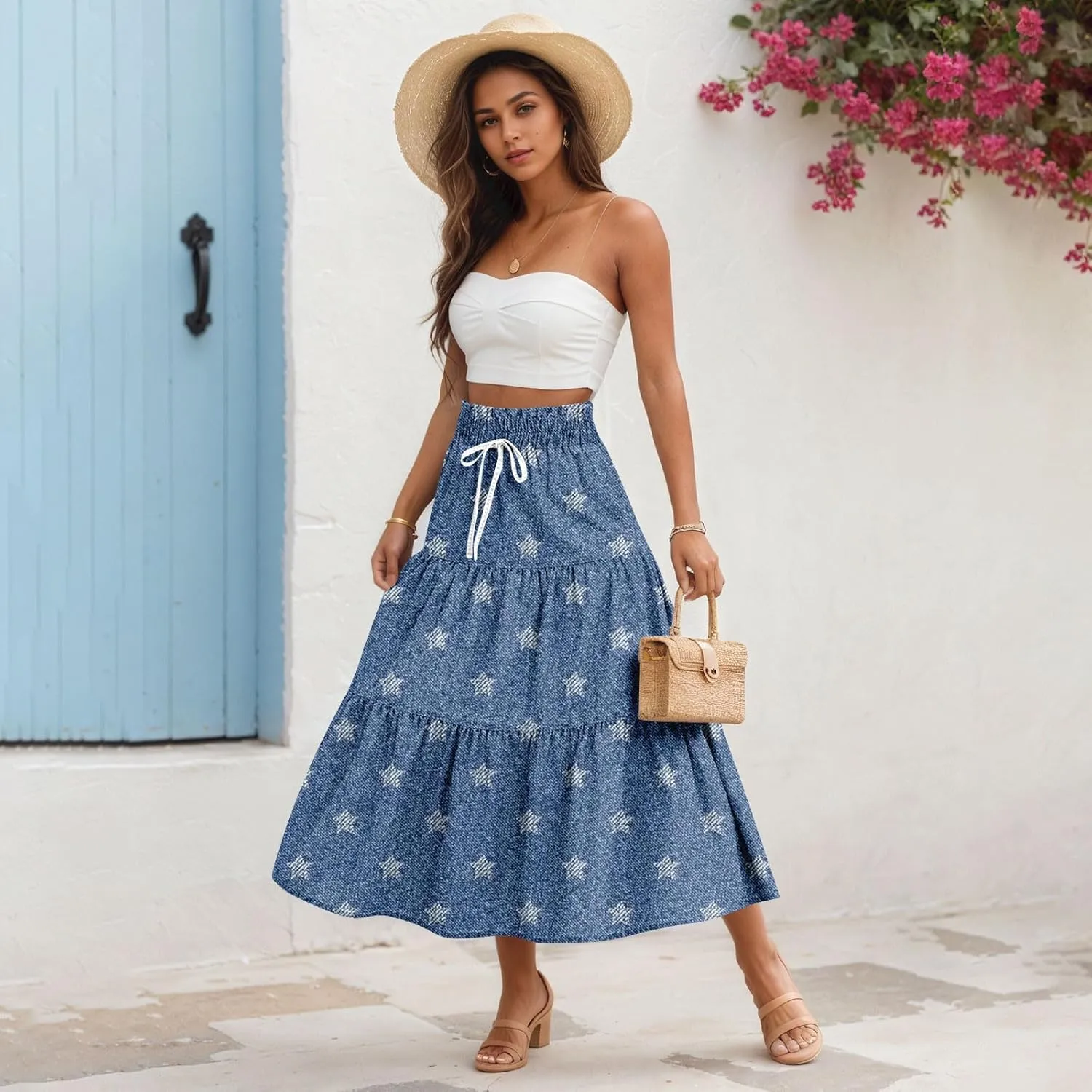Long Skirts for Women Trendy Drawstring High Waisted Tiered Ruffle Midi Skirts Casual Summer Vacation Beach Skirt