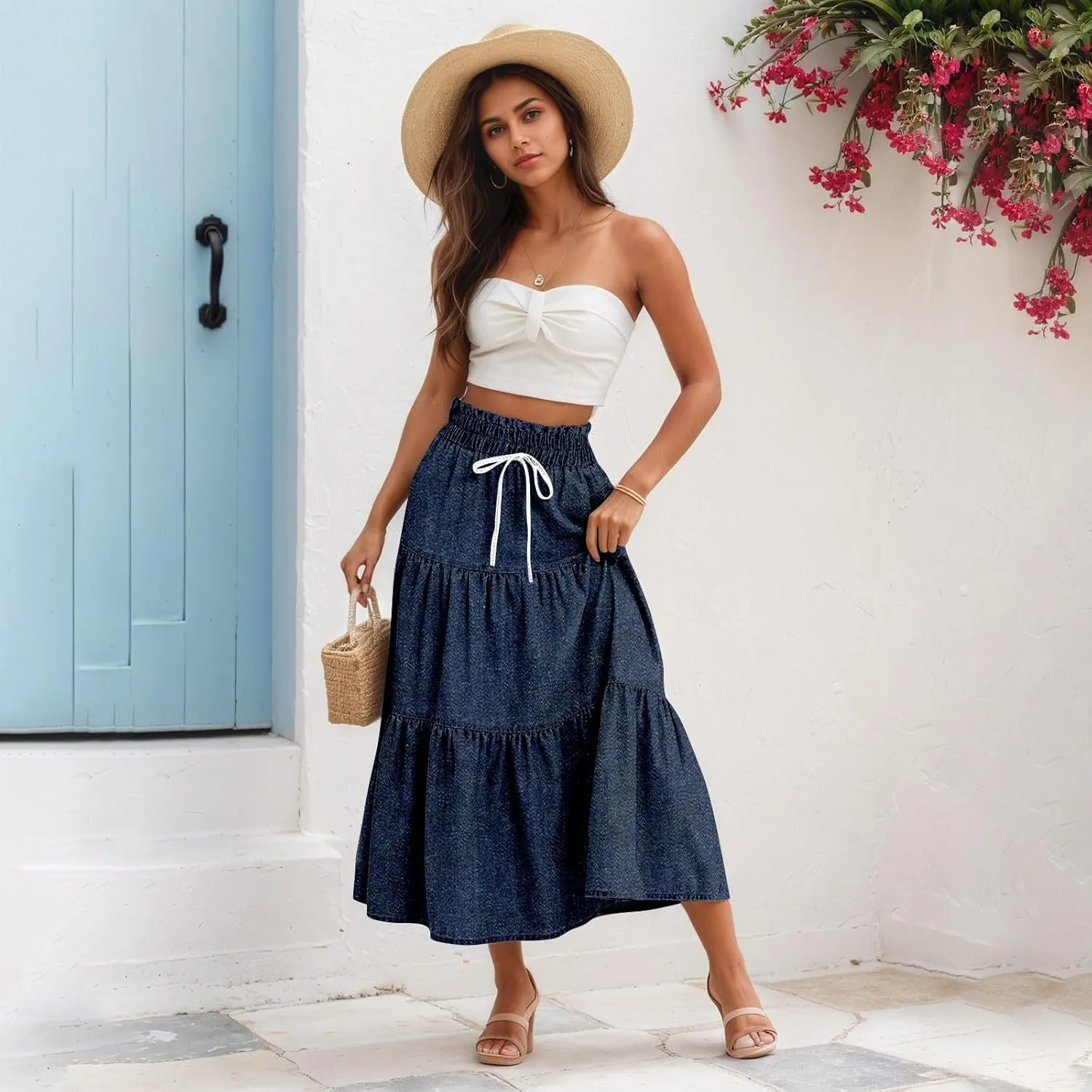 Long Skirts for Women Trendy Drawstring High Waisted Tiered Ruffle Midi Skirts Casual Summer Vacation Beach Skirt
