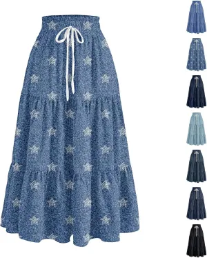 Long Skirts for Women Trendy Drawstring High Waisted Tiered Ruffle Midi Skirts Casual Summer Vacation Beach Skirt