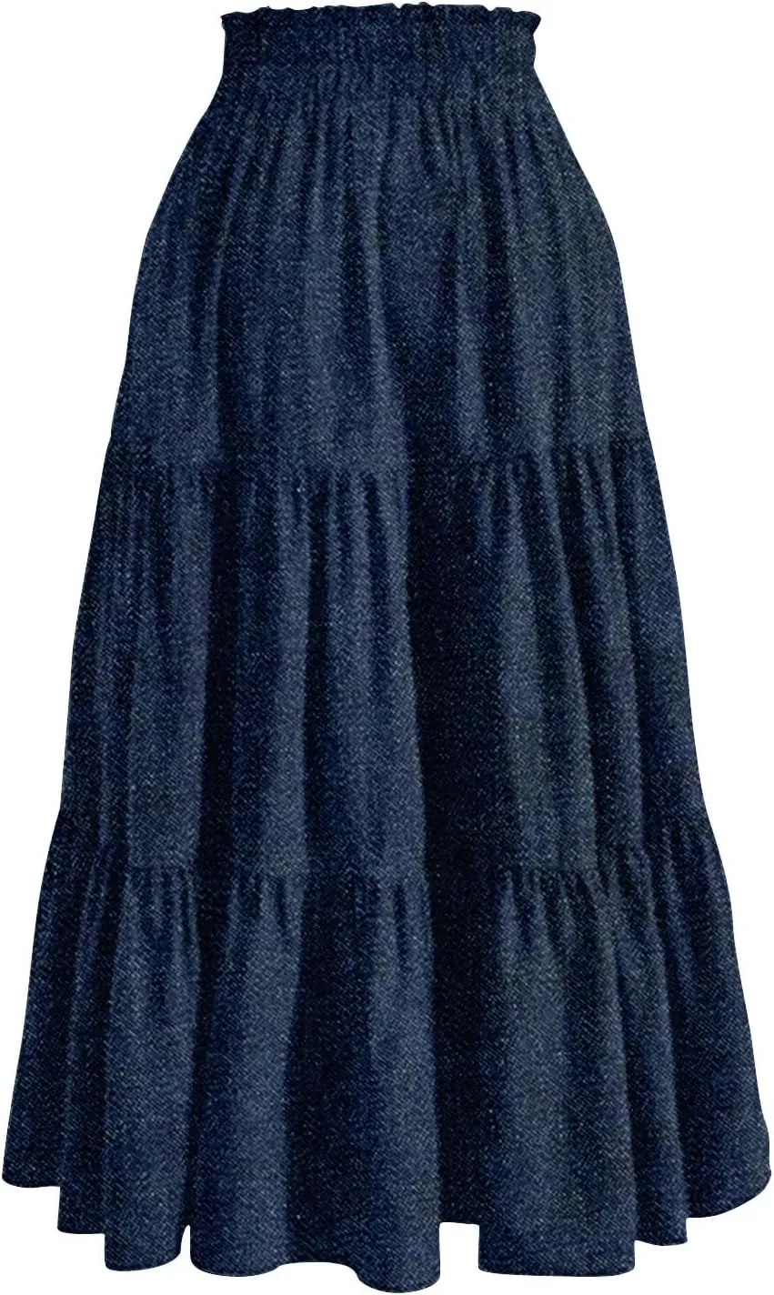 Long Skirts for Women Trendy Drawstring High Waisted Tiered Ruffle Midi Skirts Casual Summer Vacation Beach Skirt