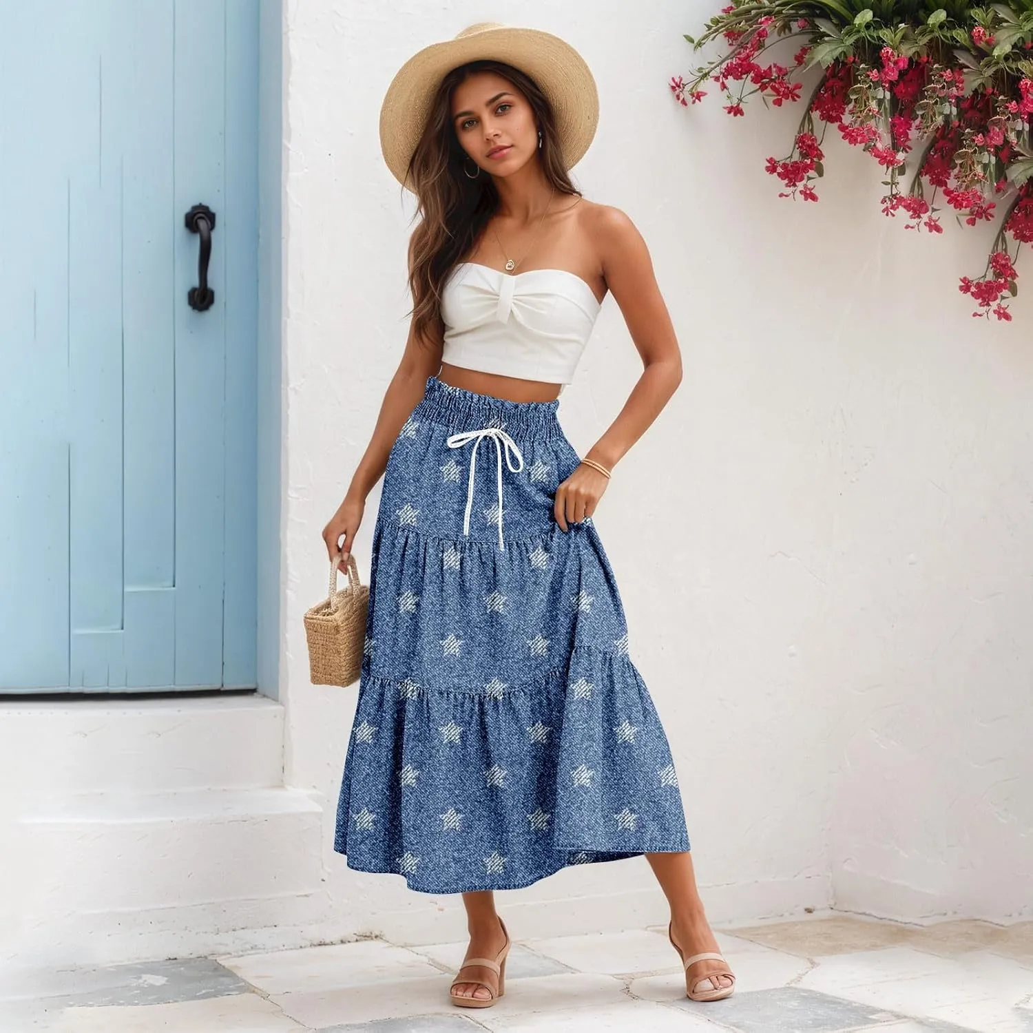 Long Skirts for Women Trendy Drawstring High Waisted Tiered Ruffle Midi Skirts Casual Summer Vacation Beach Skirt