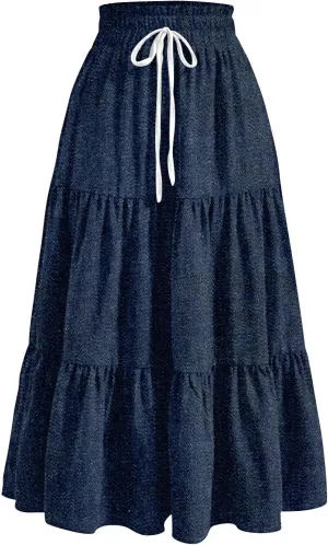 Long Skirts for Women Trendy Drawstring High Waisted Tiered Ruffle Midi Skirts Casual Summer Vacation Beach Skirt