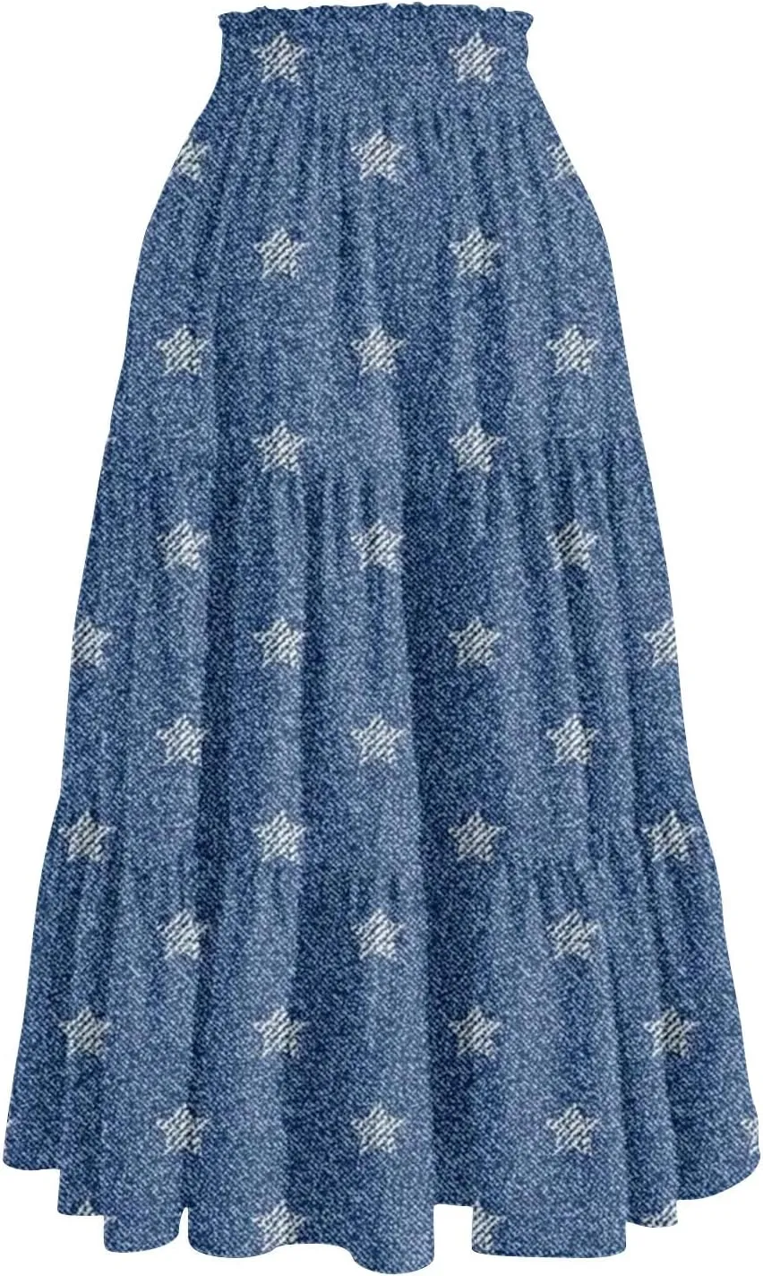 Long Skirts for Women Trendy Drawstring High Waisted Tiered Ruffle Midi Skirts Casual Summer Vacation Beach Skirt
