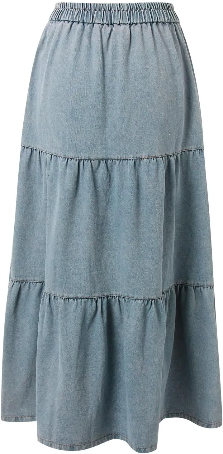 Long Skirts for Women Women's Casual Denim Long Skirt with Elastic Waist A Line Skirt
