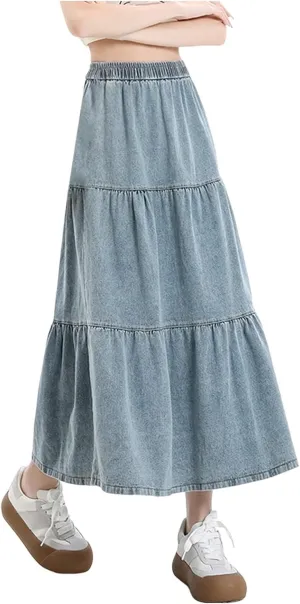 Long Skirts for Women Women's Casual Denim Long Skirt with Elastic Waist A Line Skirt
