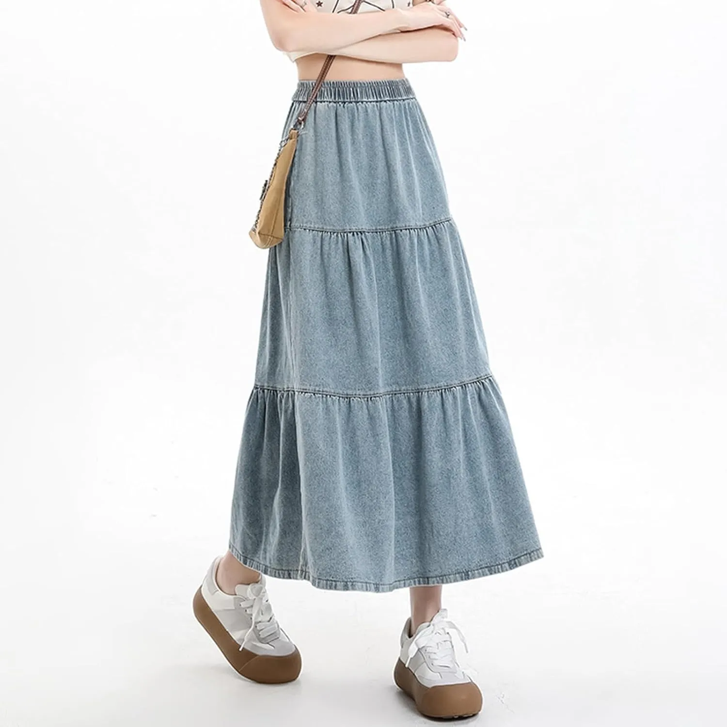 Long Skirts for Women Women's Casual Denim Long Skirt with Elastic Waist A Line Skirt
