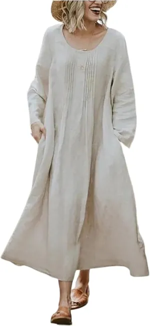 Long Sleeve Cotton Linen Midi Dress for Women,Plus Size Casual Elegant Plain Ruched Summer Long Holiday Dresses