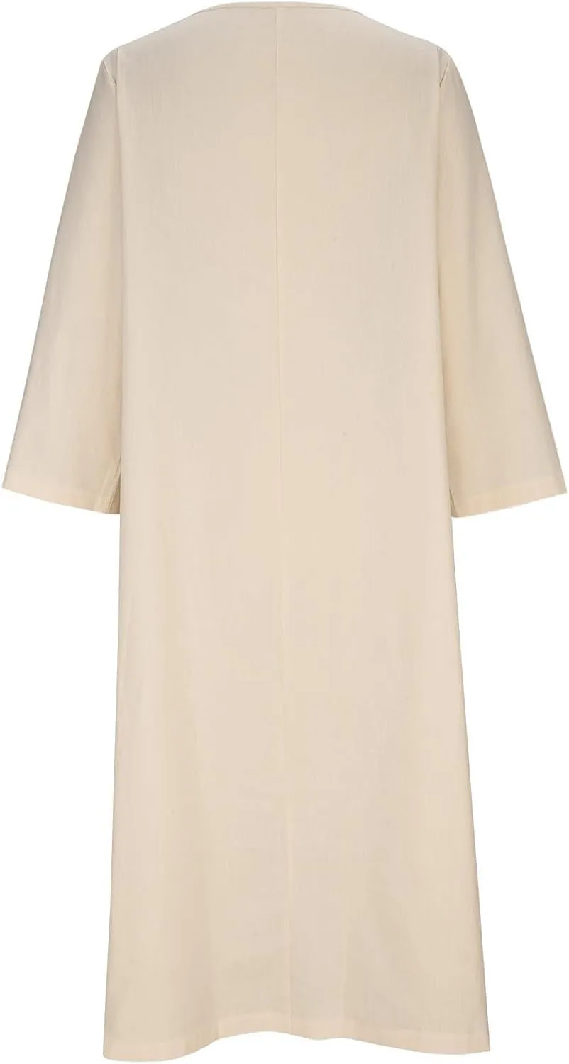 Long Sleeve Cotton Linen Midi Dress for Women,Plus Size Casual Elegant Plain Ruched Summer Long Holiday Dresses