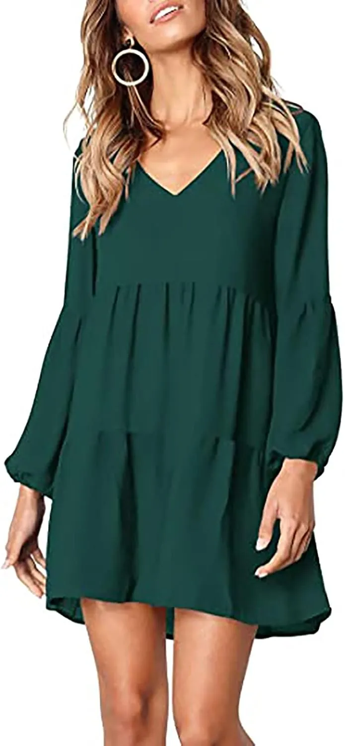 Long Sleeve Dress for Women,2025 Summer Casual Mini Dresses Loose Flowy Tiered Dress,V Neck Boho Ruffle Beach Dres