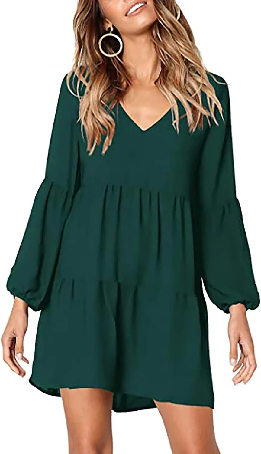 Long Sleeve Dress for Women,2025 Summer Casual Mini Dresses Loose Flowy Tiered Dress,V Neck Boho Ruffle Beach Dres