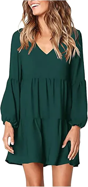Long Sleeve Dress for Women,2025 Summer Casual Mini Dresses Loose Flowy Tiered Dress,V Neck Boho Ruffle Beach Dres