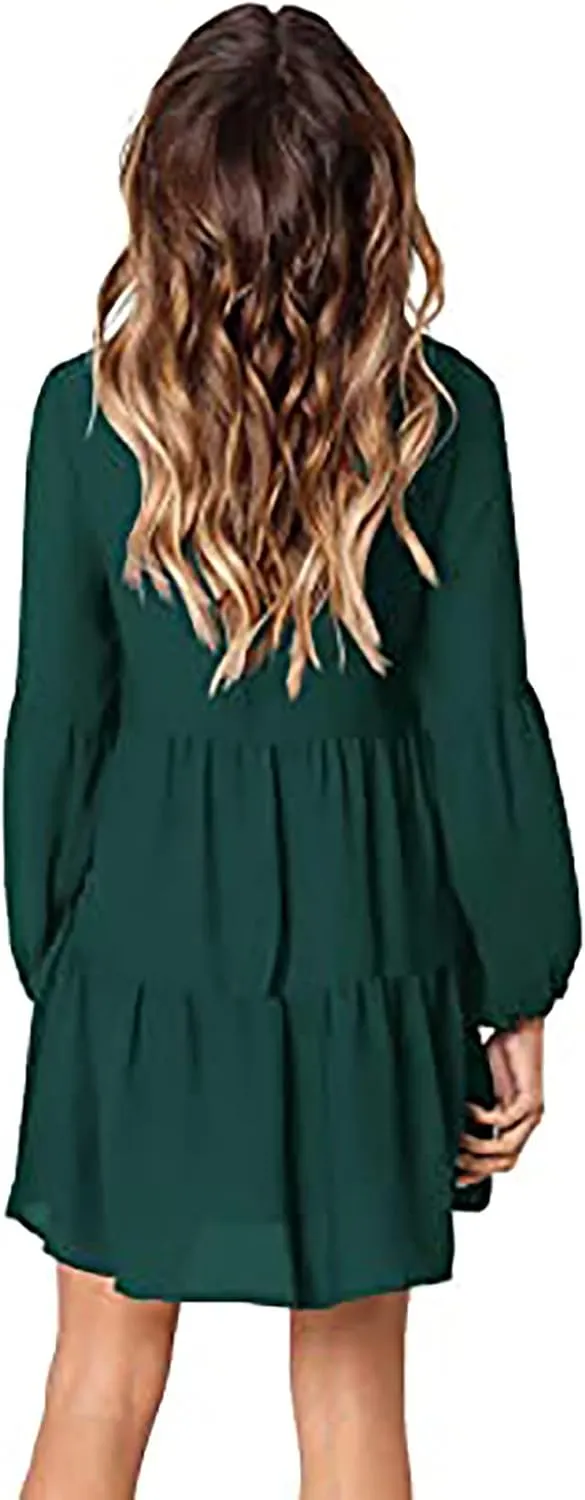 Long Sleeve Dress for Women,2025 Summer Casual Mini Dresses Loose Flowy Tiered Dress,V Neck Boho Ruffle Beach Dres