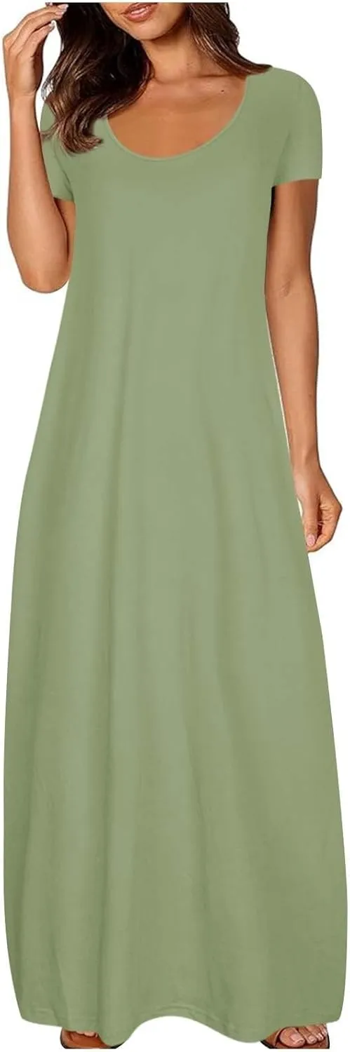 Loose Fit Plus Size Dresses for Curvy Women Short Sleeve Crew Neck Summer Beach Dresses Flowy Maxi Tshirt Sundresses