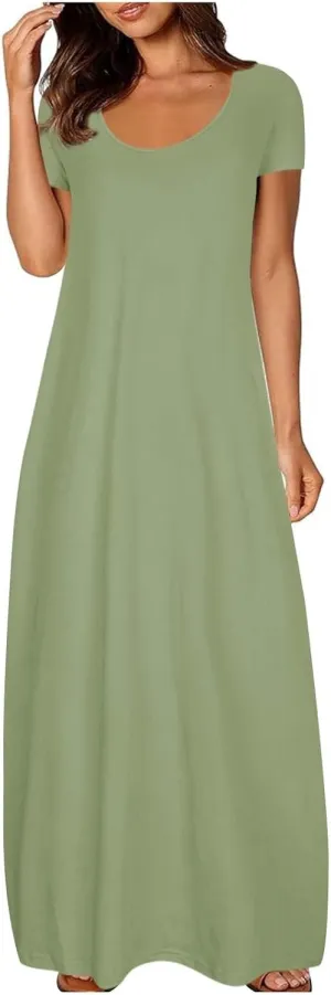 Loose Fit Plus Size Dresses for Curvy Women Short Sleeve Crew Neck Summer Beach Dresses Flowy Maxi Tshirt Sundresses