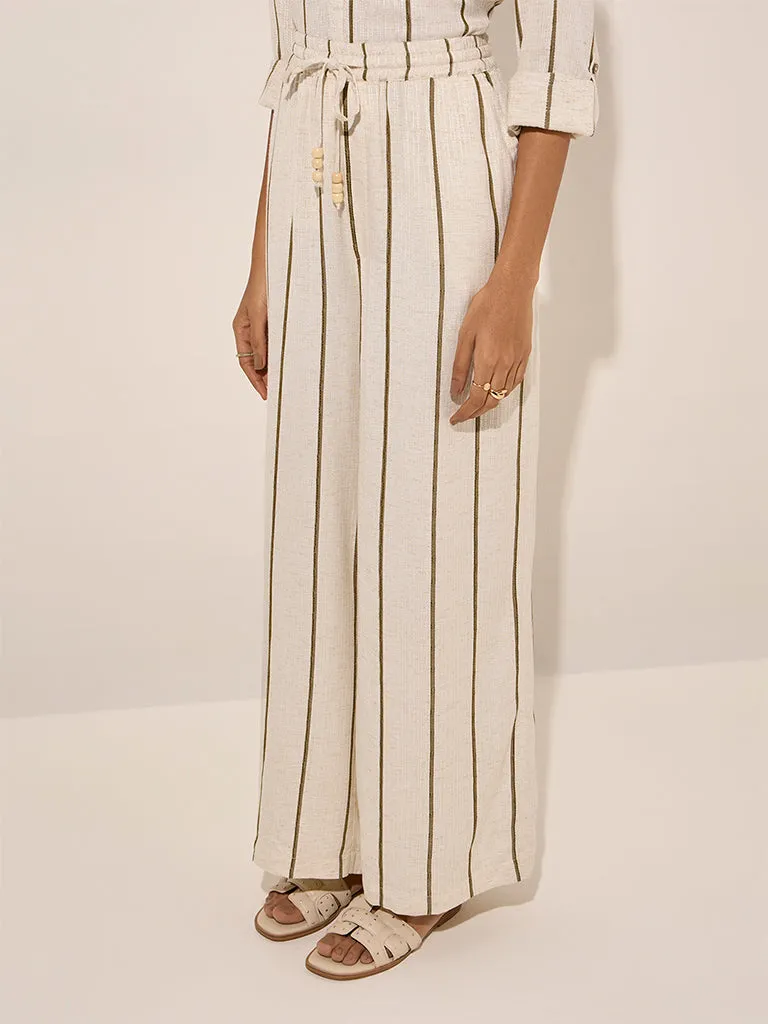 LOV Off-White Striped High-Rise Cotton-Blend Pants