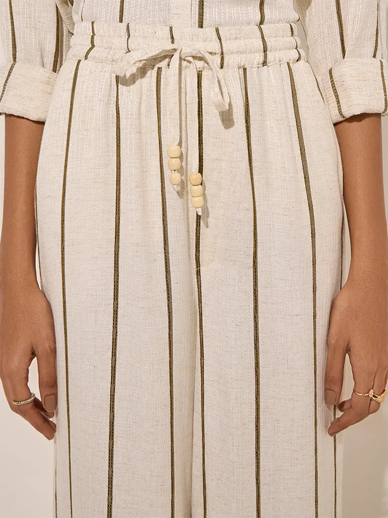 LOV Off-White Striped High-Rise Cotton-Blend Pants