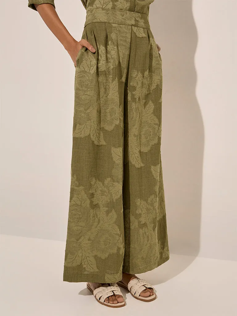 LOV Olive Botanical Design High-Rise Cotton Pants