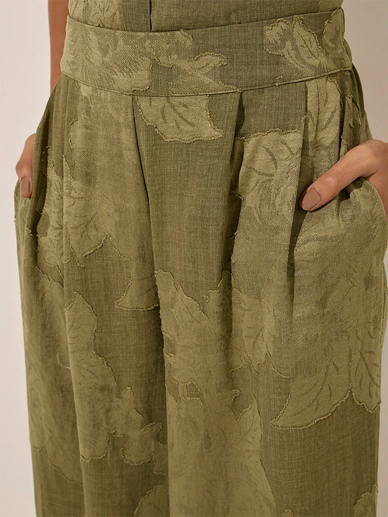 LOV Olive Botanical Design High-Rise Cotton Pants