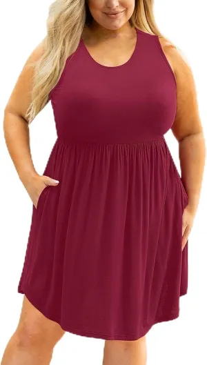 Lpmadey Women Sleeveless Loose Plain Casual Plus Size Midi Dress with Pockets Ruched Elastic Waist A-Line Flowy Sundress