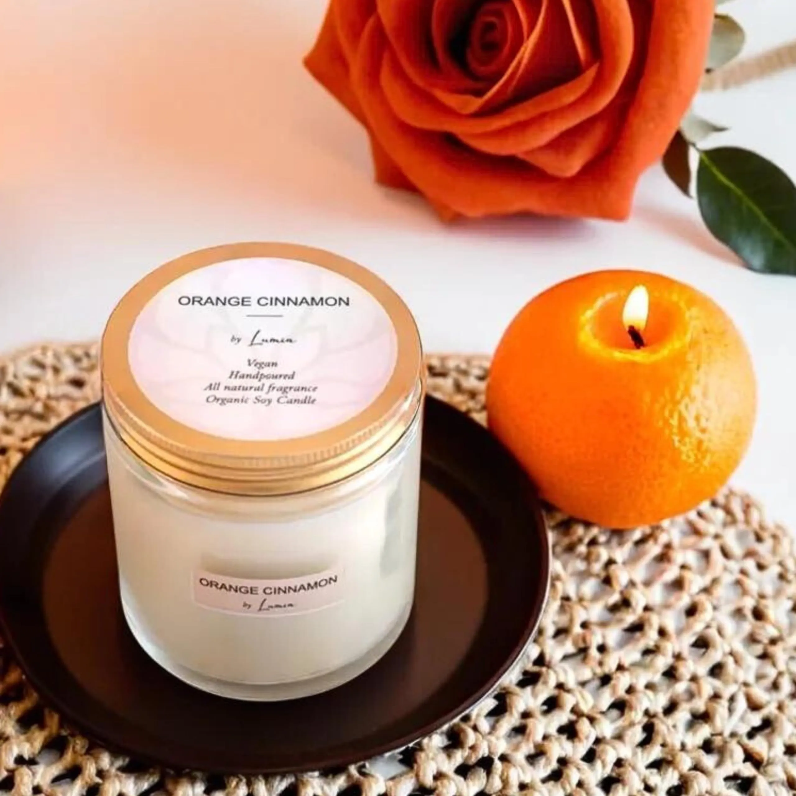 LUMIA Rose & Orange Cinnamon Organic Scented Soy Wax Candles Set of 2 | Burning Time -24 Hours | Aromatherapy | Perfect Home Gift | Eco-Friendly | Vegan | Non-Toxic | 165 Grams Each