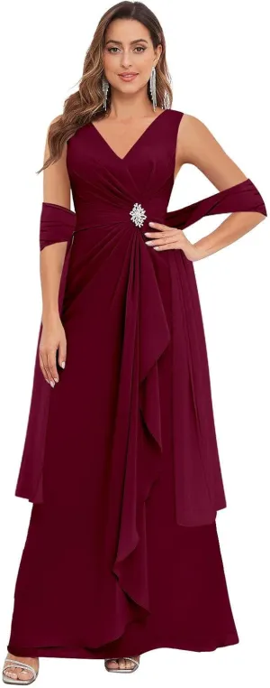 MAGGCIF Tea Length Mother of The Bride Dresses for Wedding with Shawl Chiffon Ruffle Beaded Long Formal Evening Wedding Dress