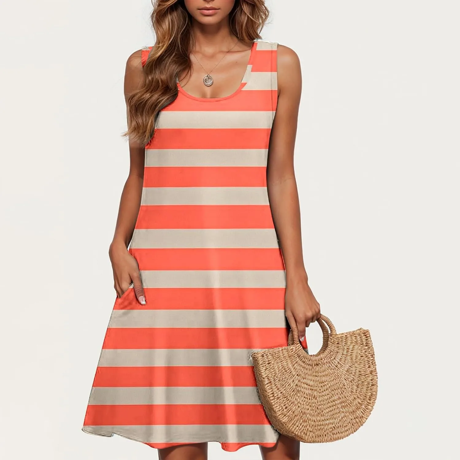 maisdgop Boho Dresses for Women 2025 Summer Casual Loose U Neck Mini Dress Trendy Flowy Striped Print Beach T Shirt Dress