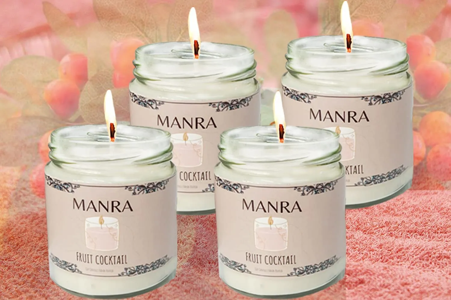 manra Set of 4 Mixed Fruit Aroma Scented Candle (Burn Time 36 hrs) Handcrafted | Smoke-Free | Home Decor | for Home & Gift Sets