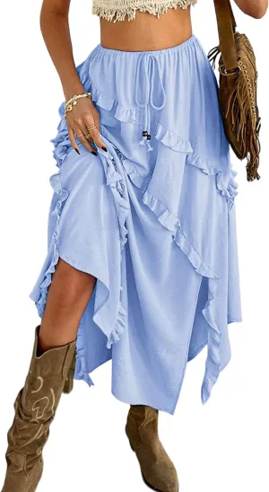 Mansy Women's Summer Maxi Skirt Boho Asymmetrical Ruffle Hem Elastic Waisted Long Maxi Skirt for Women