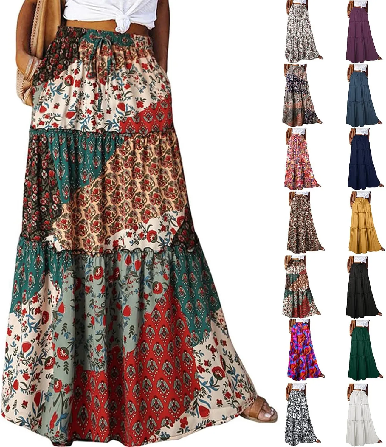 Maxi Boho Skirts for Women Flowy Floral High Waisted Tiered Long Skirts Ladies Casual Bohemian Summer Clothes 2025