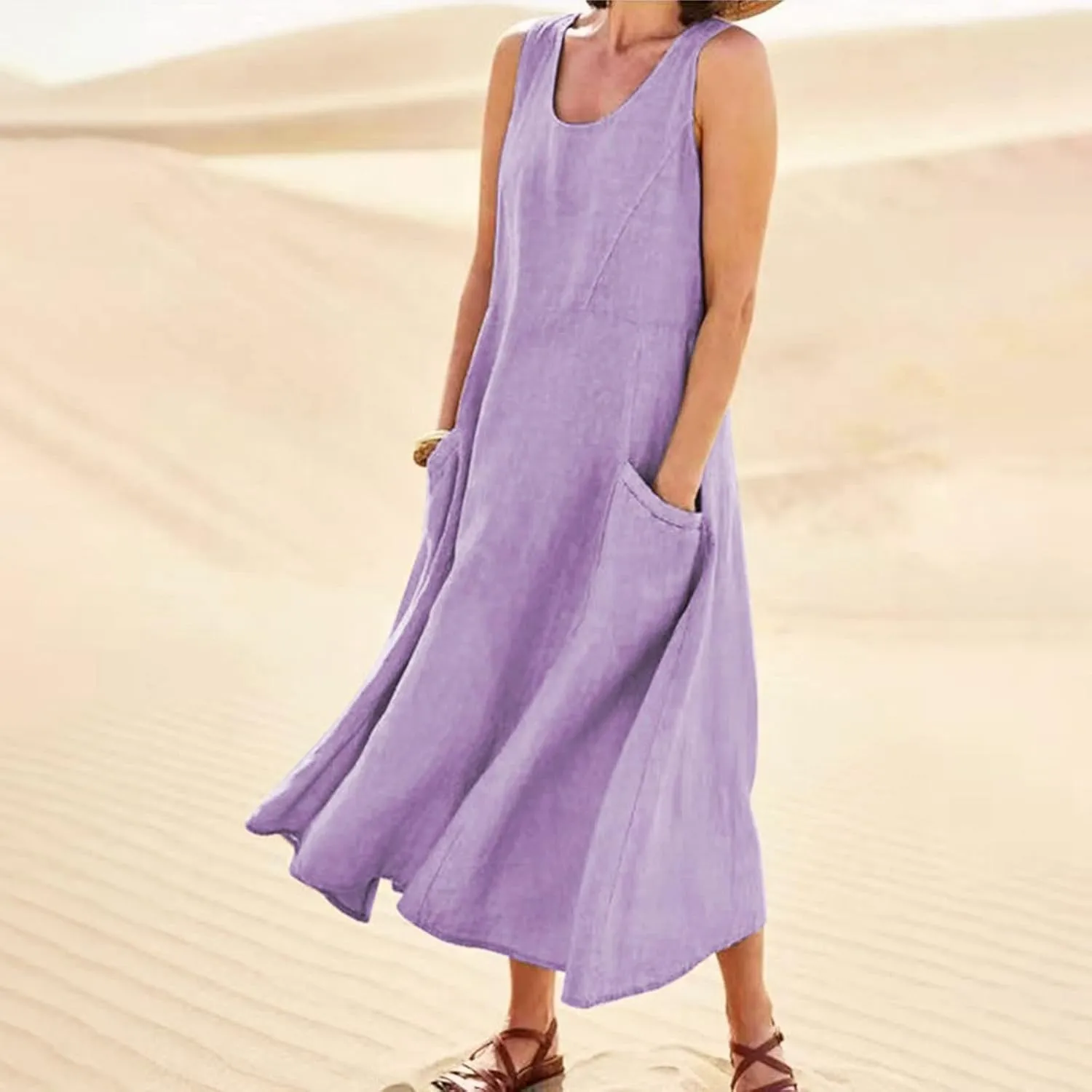 Maxi Dress for Women Linen Dress Summer Sun Dresses 2025 Sleeveless Swing Casual Long Formal with Pockects