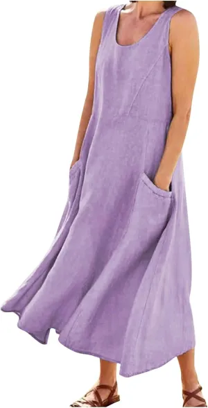 Maxi Dress for Women Linen Dress Summer Sun Dresses 2025 Sleeveless Swing Casual Long Formal with Pockects