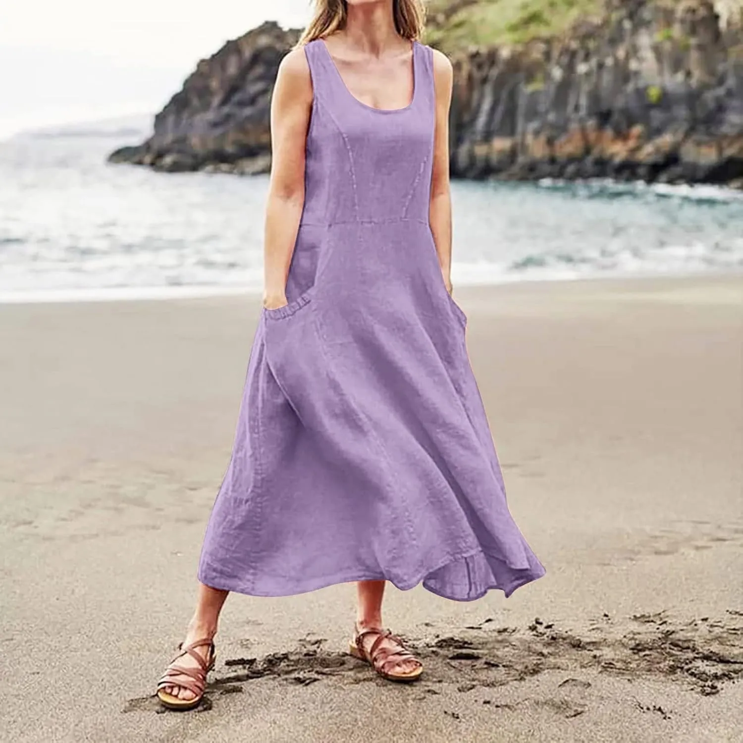 Maxi Dress for Women Linen Dress Summer Sun Dresses 2025 Sleeveless Swing Casual Long Formal with Pockects