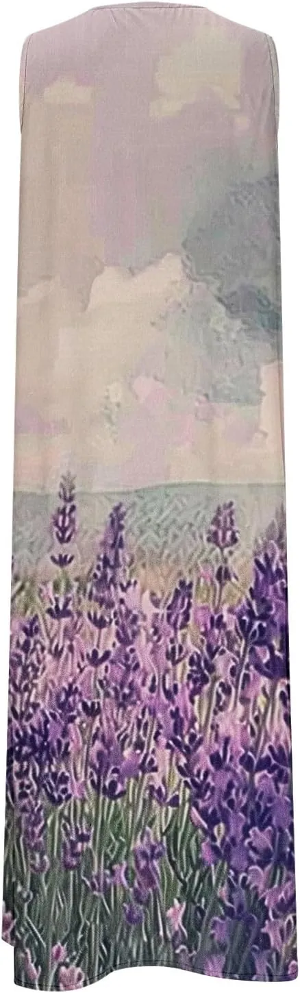 Maxi Dress for Women Plus Size Summer Floral Sleeveless V Neck Sundress Beach Vacation Long Tank Dress with Pockets