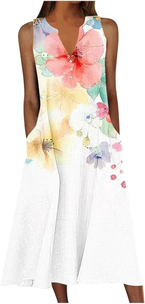 Maxi Dress for Women Plus Size Summer Floral Sleeveless V Neck Sundress Beach Vacation Long Tank Dress with Pockets