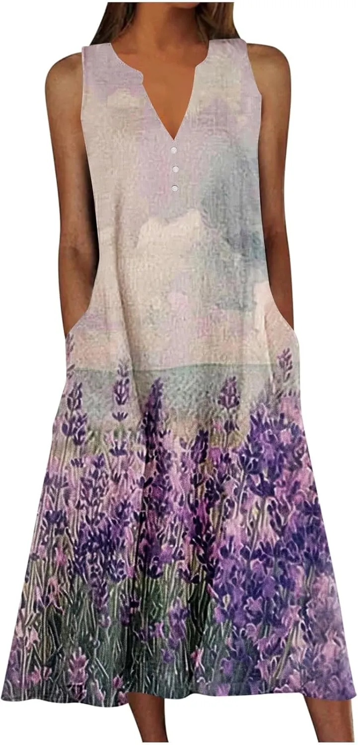 Maxi Dress for Women Plus Size Summer Floral Sleeveless V Neck Sundress Beach Vacation Long Tank Dress with Pockets
