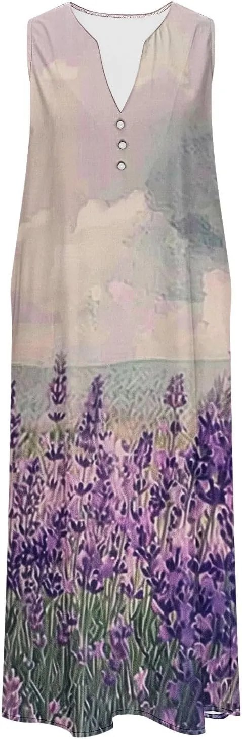 Maxi Dress for Women Plus Size Summer Floral Sleeveless V Neck Sundress Beach Vacation Long Tank Dress with Pockets