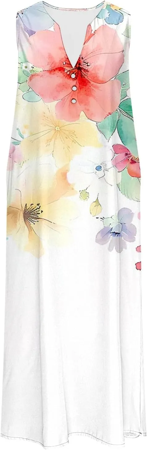 Maxi Dress for Women Plus Size Summer Floral Sleeveless V Neck Sundress Beach Vacation Long Tank Dress with Pockets