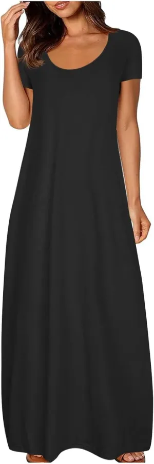 Maxi Dresses for Women 2025 Casual Short Sleeve Round Neck Summer Dresses Plus Size Loose Fit Long Beach Sundress