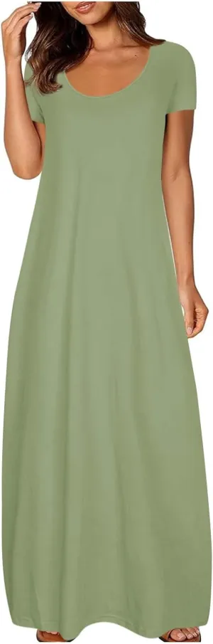 Maxi Dresses for Women 2025 Casual Short Sleeve Round Neck Summer Dresses Plus Size Loose Fit Long Beach Sundress