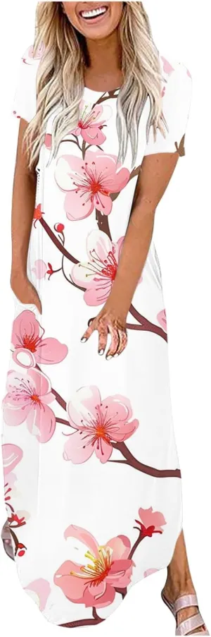 Maxi Dresses for Women 2025 Short Sleeve Casual Boho Floral T-Shirt Dress Flowy Beach Sundress with Pockets