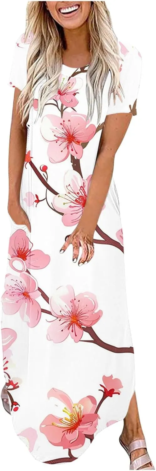 Maxi Dresses for Women 2025 Short Sleeve Casual Boho Floral T-Shirt Dress Flowy Beach Sundress with Pockets