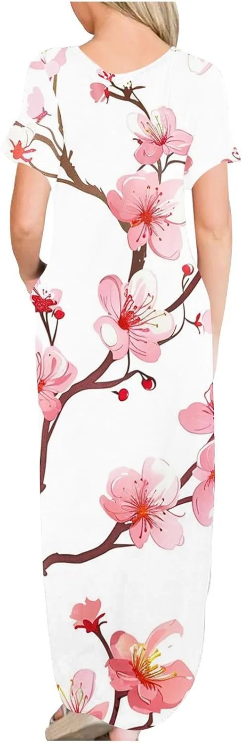 Maxi Dresses for Women 2025 Short Sleeve Casual Boho Floral T-Shirt Dress Flowy Beach Sundress with Pockets