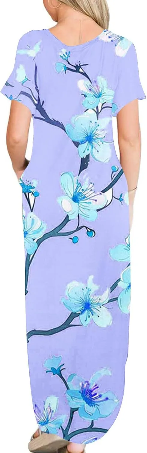 Maxi Dresses for Women 2025 Short Sleeve Casual Boho Floral T-Shirt Dress Flowy Beach Sundress with Pockets