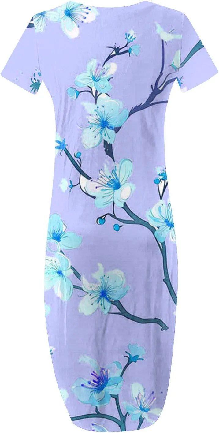 Maxi Dresses for Women 2025 Short Sleeve Casual Boho Floral T-Shirt Dress Flowy Beach Sundress with Pockets