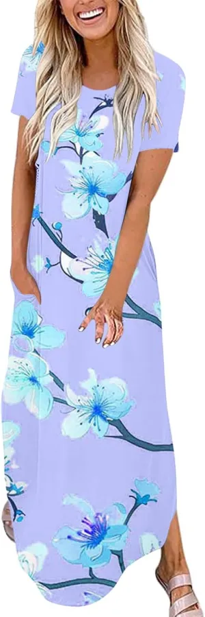 Maxi Dresses for Women 2025 Short Sleeve Casual Boho Floral T-Shirt Dress Flowy Beach Sundress with Pockets