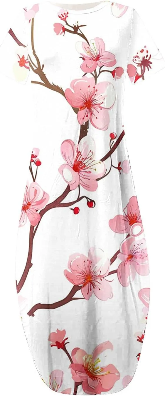 Maxi Dresses for Women 2025 Short Sleeve Casual Boho Floral T-Shirt Dress Flowy Beach Sundress with Pockets